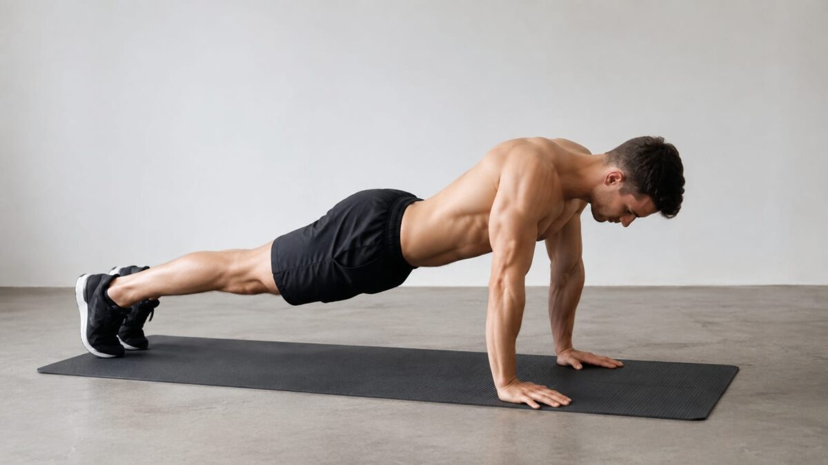 Athlete performing a controlled push-up plus on a mat, emphasizing chest and shoulder stability