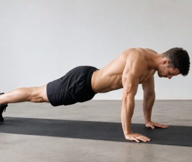 Athlete performing a controlled push-up plus on a mat, emphasizing chest and shoulder stability