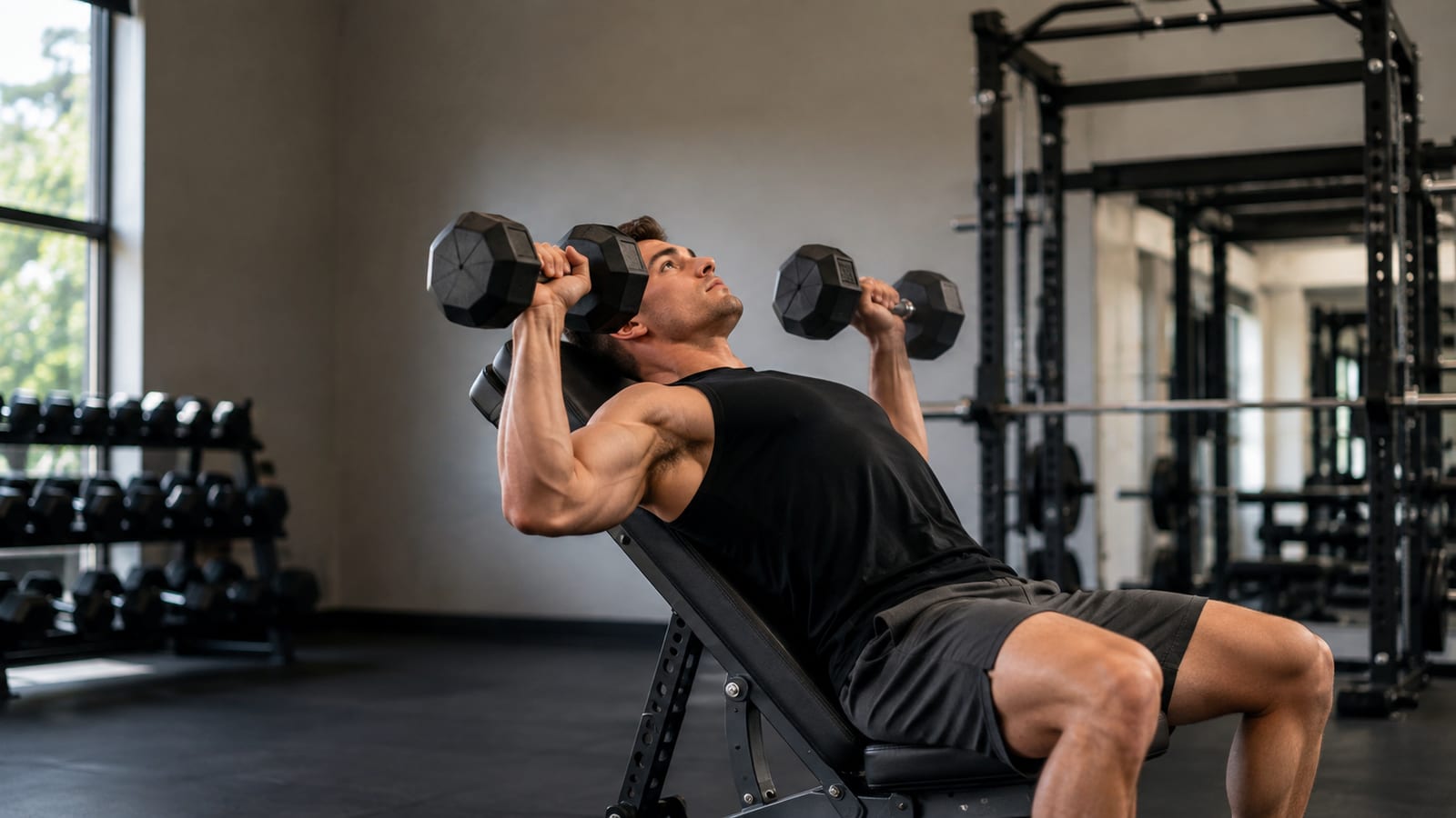 Lifter practicing controlled incline dumbbell pressing with stable shoulders and neutral ribcage position