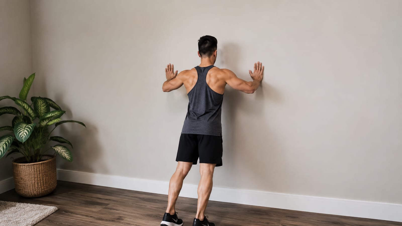 Athlete performing a wall scapular push-up at home with careful shoulder control
