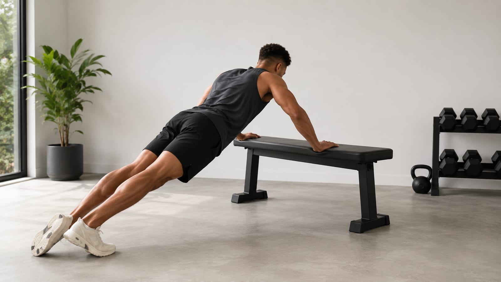 Home athlete practicing an incline push-up plus against a sturdy plain bench