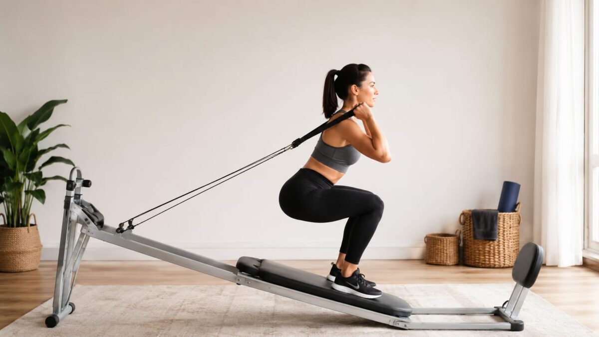 Beginner performing a controlled full-body cable glideboard squat on a home Total Gym