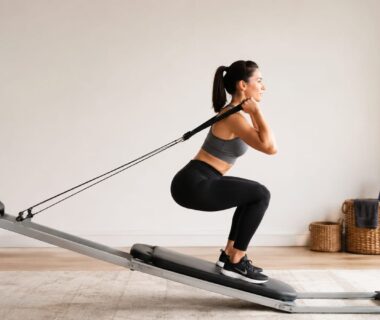 Beginner performing a controlled full-body cable glideboard squat on a home Total Gym