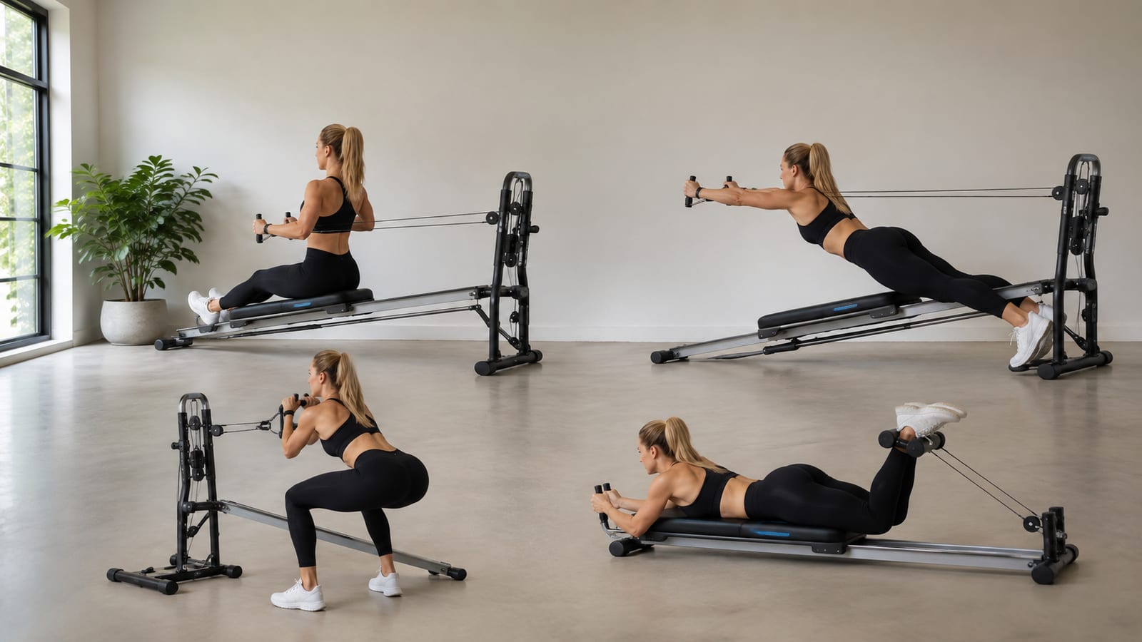 Beginner demonstrating a supported row, press, squat, and leg curl sequence on glideboard equipment