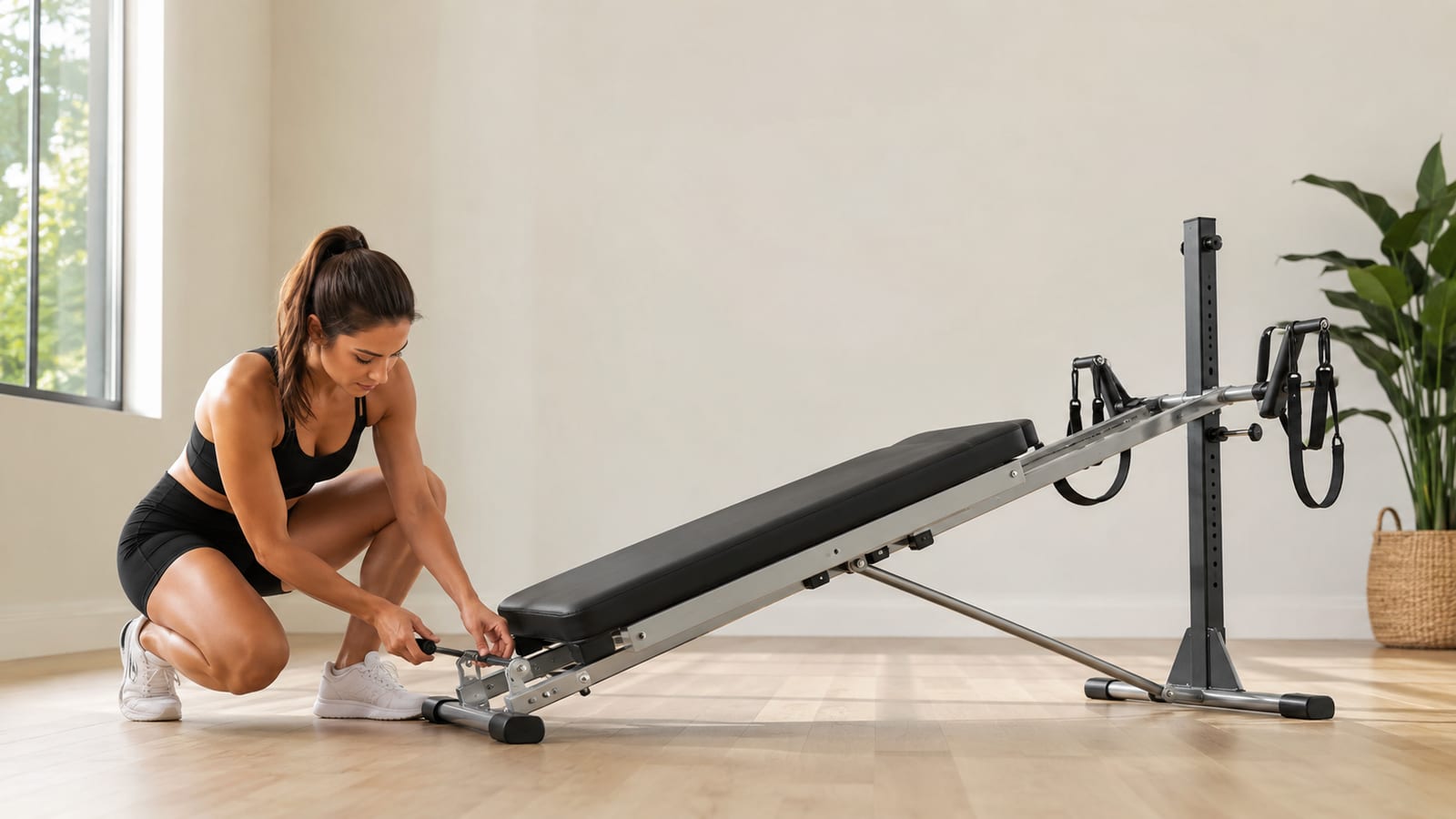 Beginner adjusting glideboard resistance before a measured strength training set