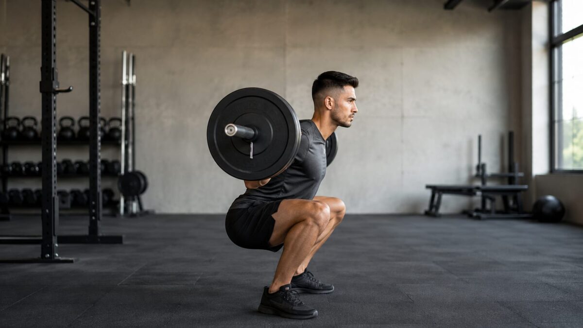 Side view of lifter executing barbell squat for outer quads