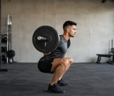 Side view of lifter executing barbell squat for outer quads