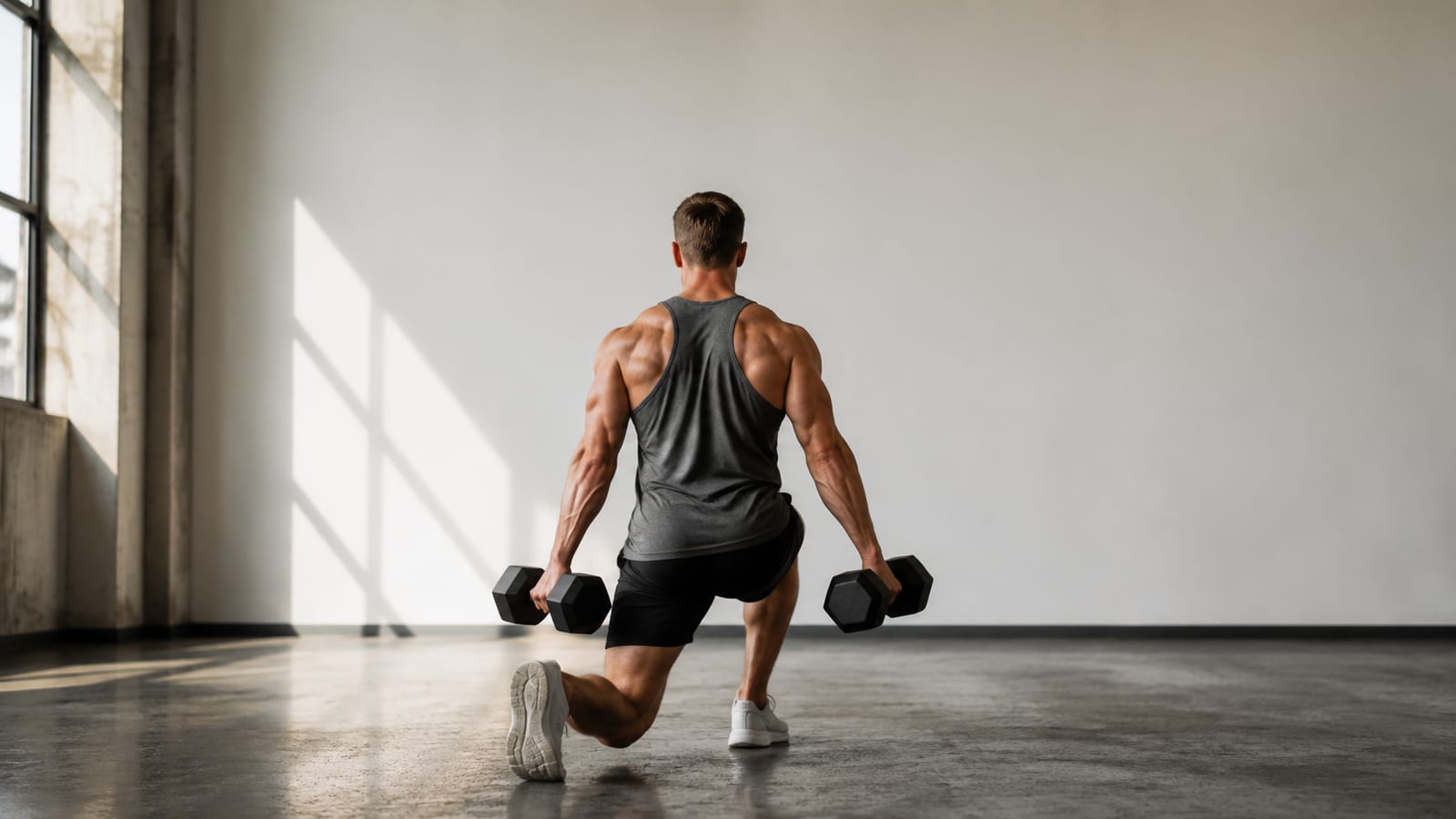 Rear view of person in split squat stance during workout