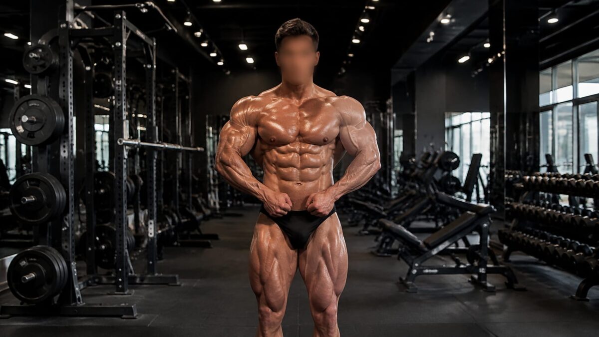 Natural bodybuilder practicing a controlled front pose beside racks of free weights in a bright gym