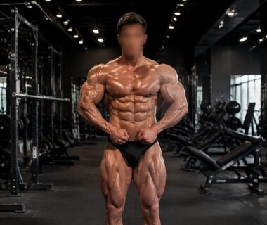 Natural bodybuilder practicing a controlled front pose beside racks of free weights in a bright gym