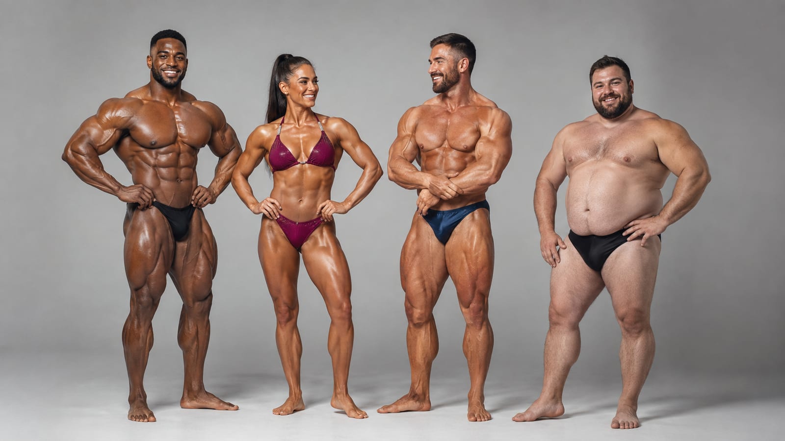 Several athletes with distinct bodybuilding physiques demonstrating relaxed poses in a plain unmarked studio