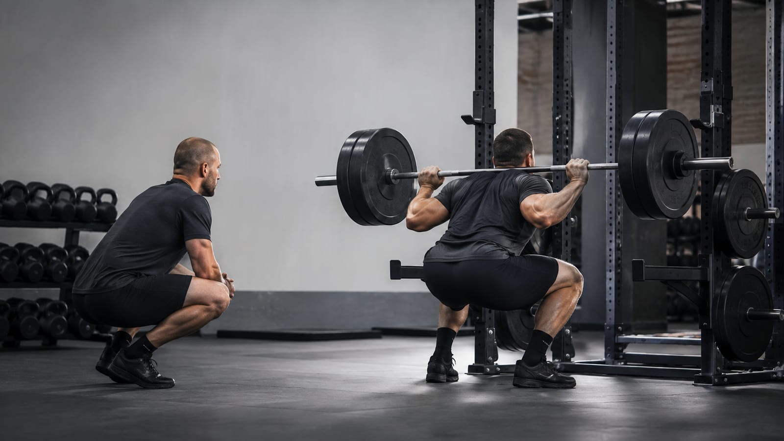 Strength athlete performing a controlled barbell squat while progressively training in a practical gym setting