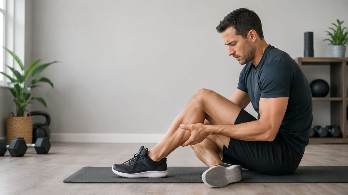 Athlete massaging sore calf by hand after strength training session