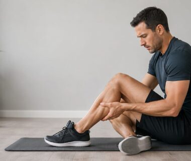 Athlete massaging sore calf by hand after strength training session