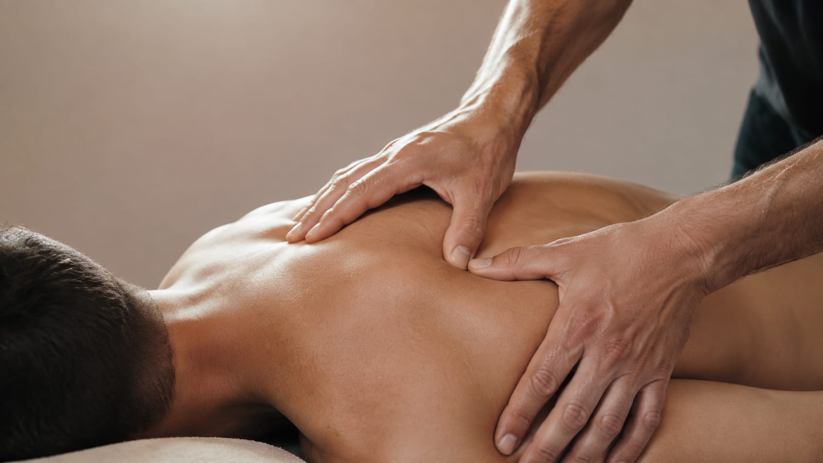 Hands kneading tight shoulder muscle during firm post-workout massage