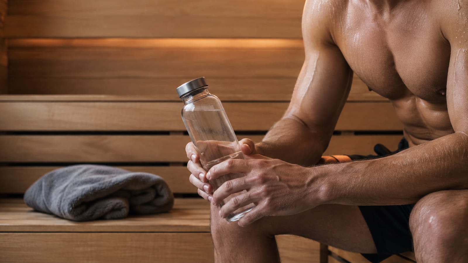 Sweaty athlete hydrating beside a sauna after strength training, with unmarked bottle
