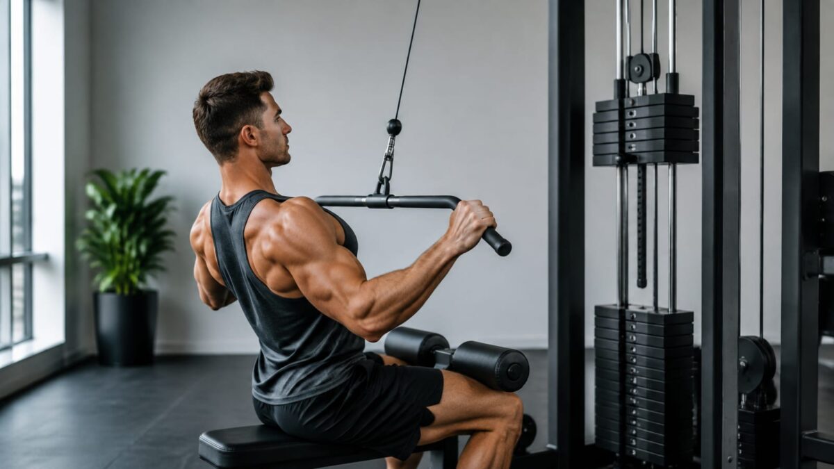 Athlete in profile doing lat pulldown with engaged back muscles