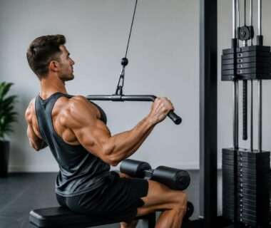 Athlete in profile doing lat pulldown with engaged back muscles