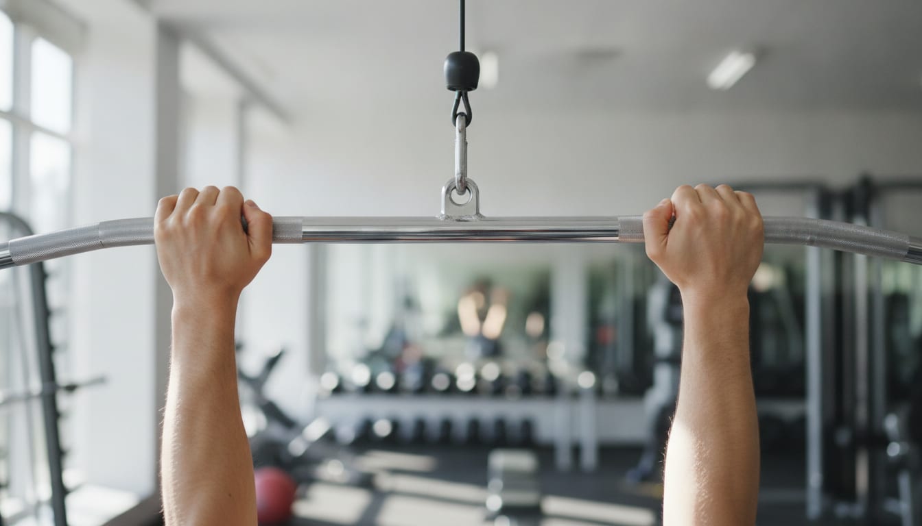 Hands using wide overhand grip on lat pulldown bar