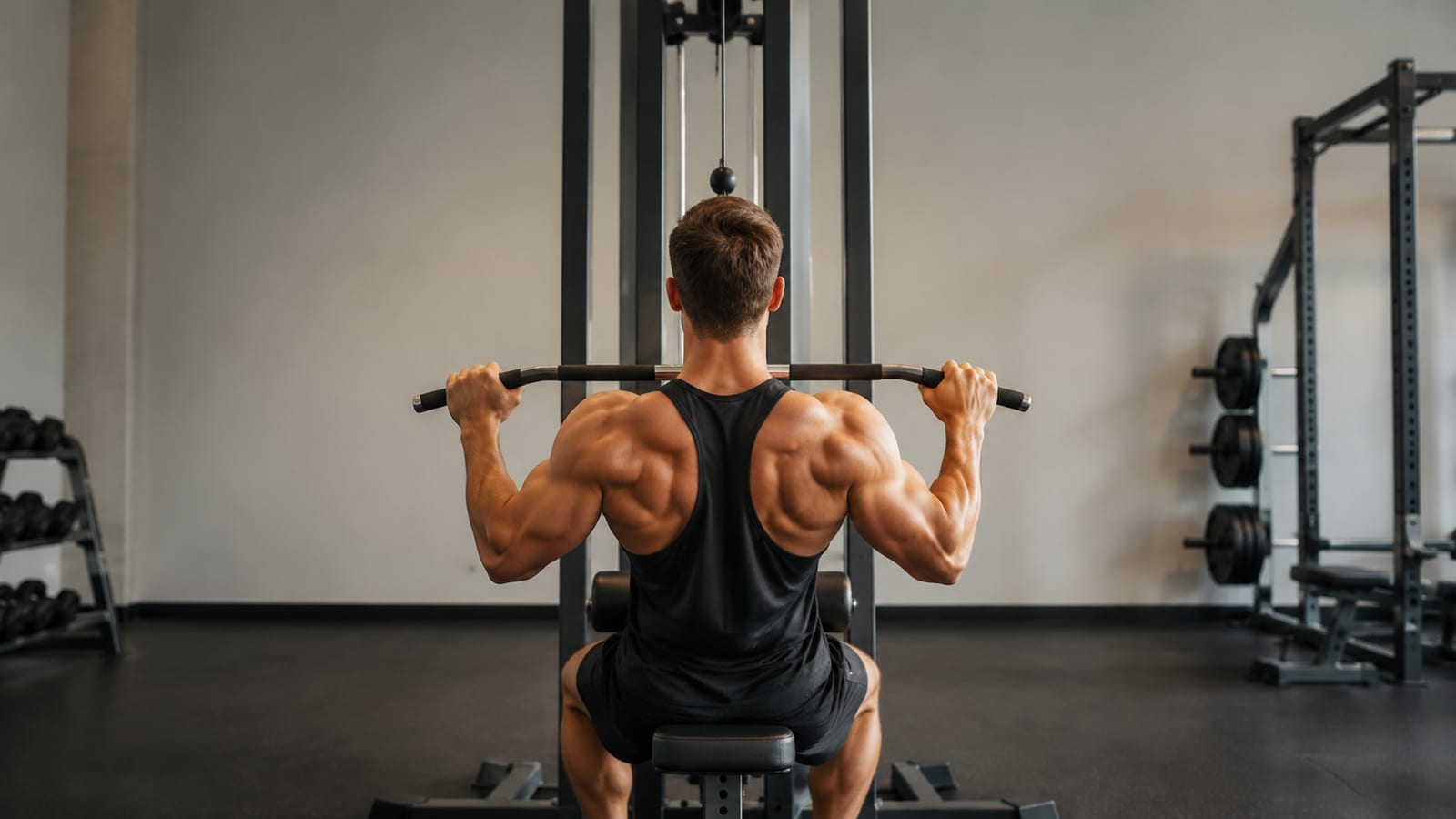 Lifter from behind pulling bar with strong lat contraction