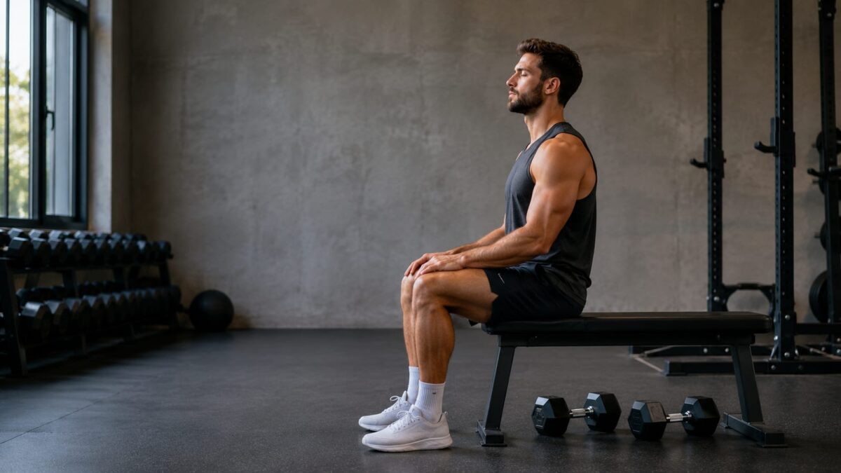 Strength athlete practicing body scan meditation beside dumbbells after a controlled gym session
