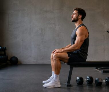 Strength athlete practicing body scan meditation beside dumbbells after a controlled gym session