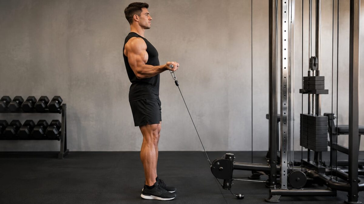 Athlete in profile doing standing cable biceps curl at gym