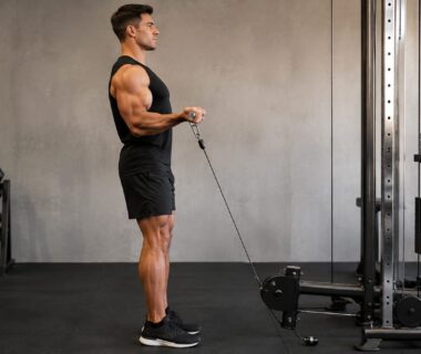 Athlete in profile doing standing cable biceps curl at gym