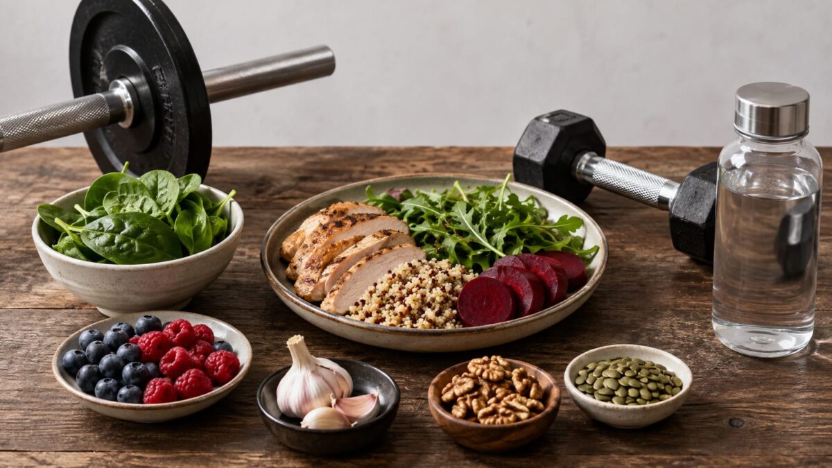Fresh beetroot, leafy greens, berries, garlic, nuts, and seeds arranged beside training equipment