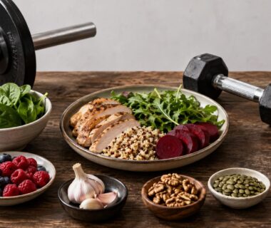 Fresh beetroot, leafy greens, berries, garlic, nuts, and seeds arranged beside training equipment