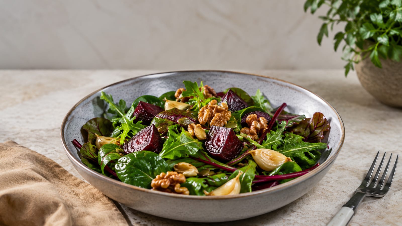 Close-up beetroot and leafy green salad with garlic, walnuts, and olive oil