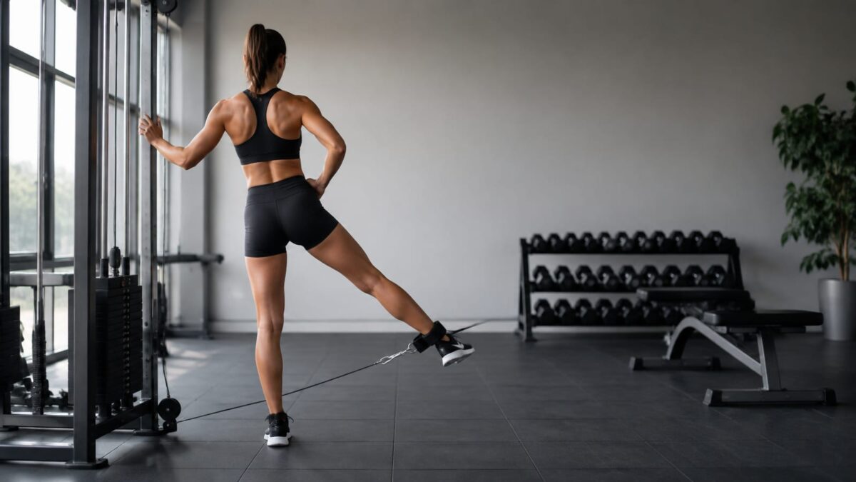 Athlete performing controlled standing cable hip abduction in a minimalist strength-training gym