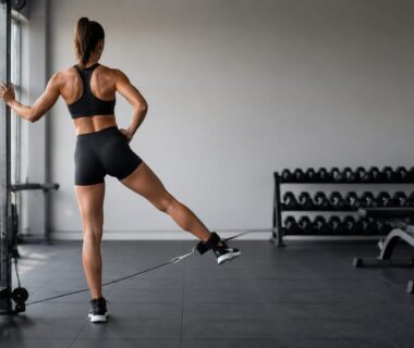 Athlete performing controlled standing cable hip abduction in a minimalist strength-training gym