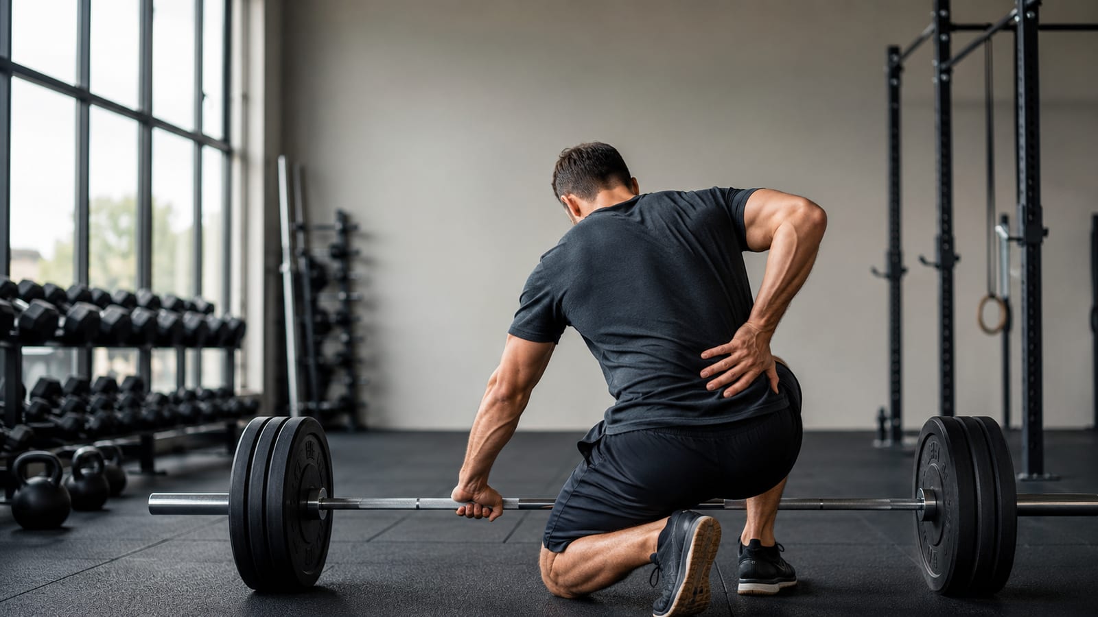 Strength trainee sets down a barbell and protects a painful lower back, seen from behind