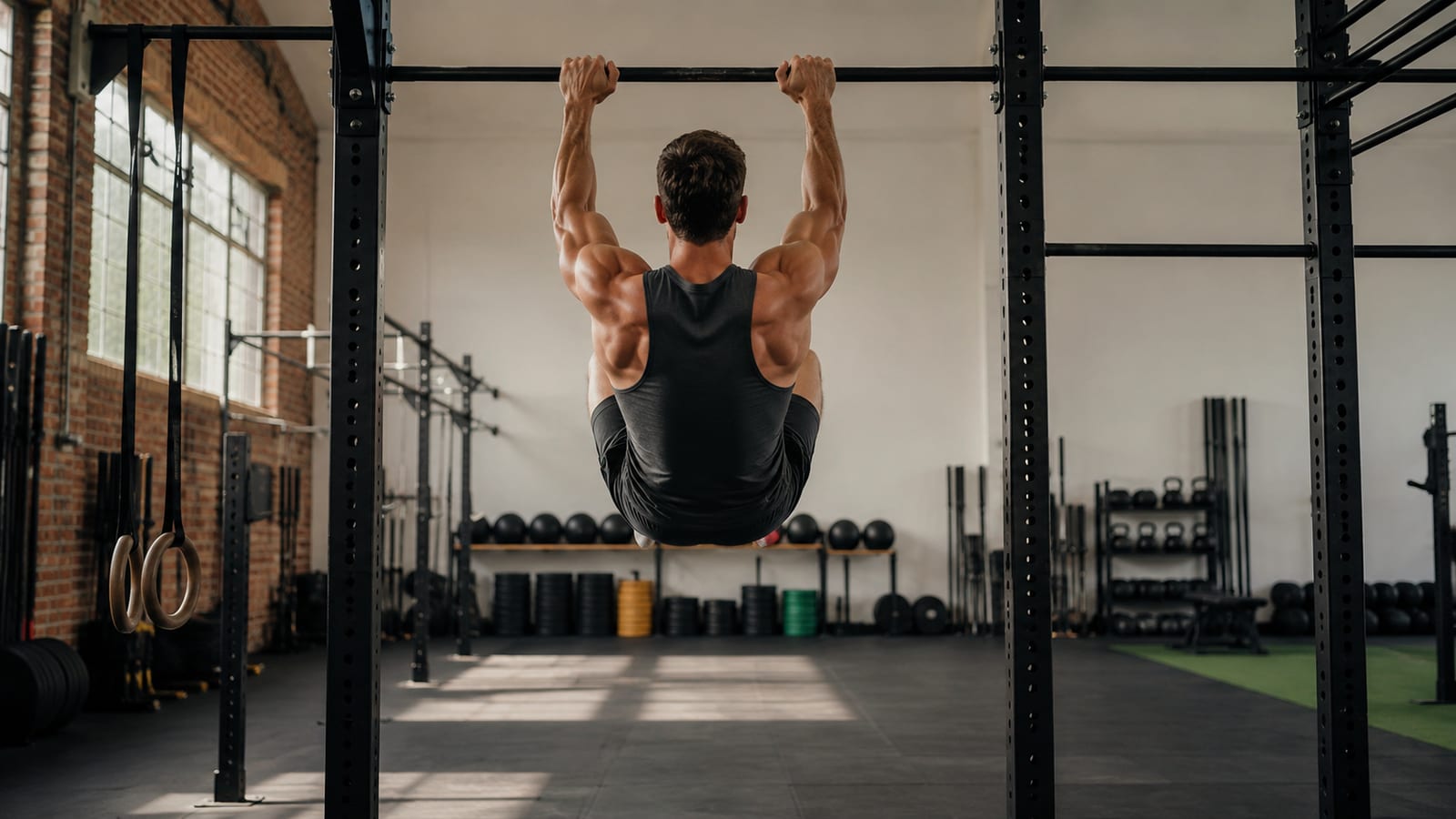 Athlete performing hanging leg raise to sculpt defined abdominal muscles