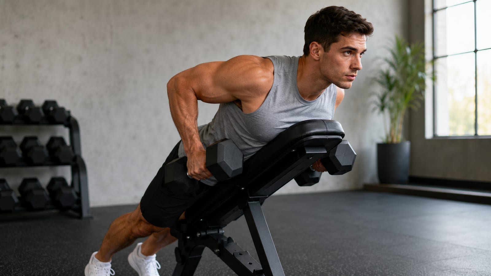 Athlete performing a supported dumbbell row with shoulders steady and collarbones relaxed