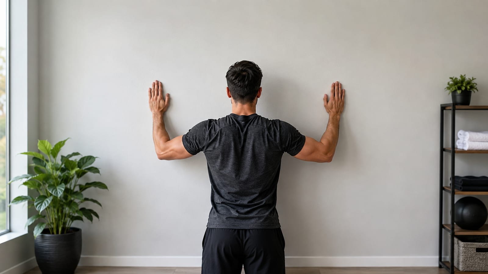 Athlete completing gentle wall slides during gradual shoulder training recovery at home
