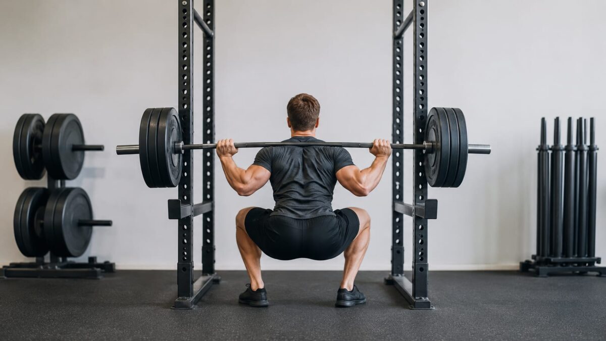 Athlete performing a heavy barbell squat in a well-equipped strength training gym