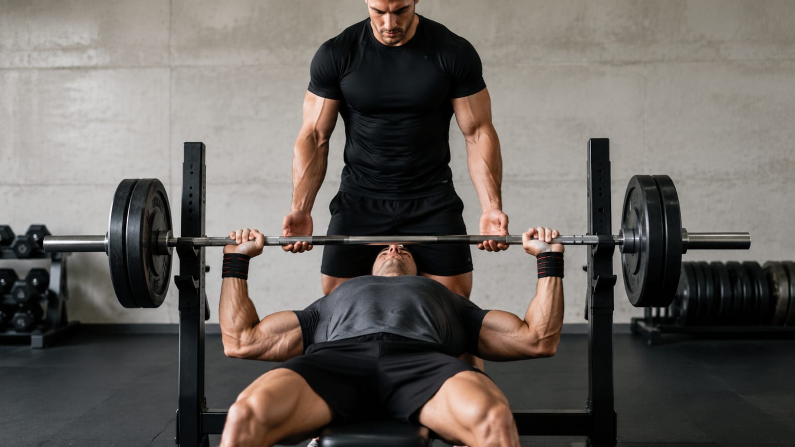 Lifter bench pressing with spotter during a structured strength training session