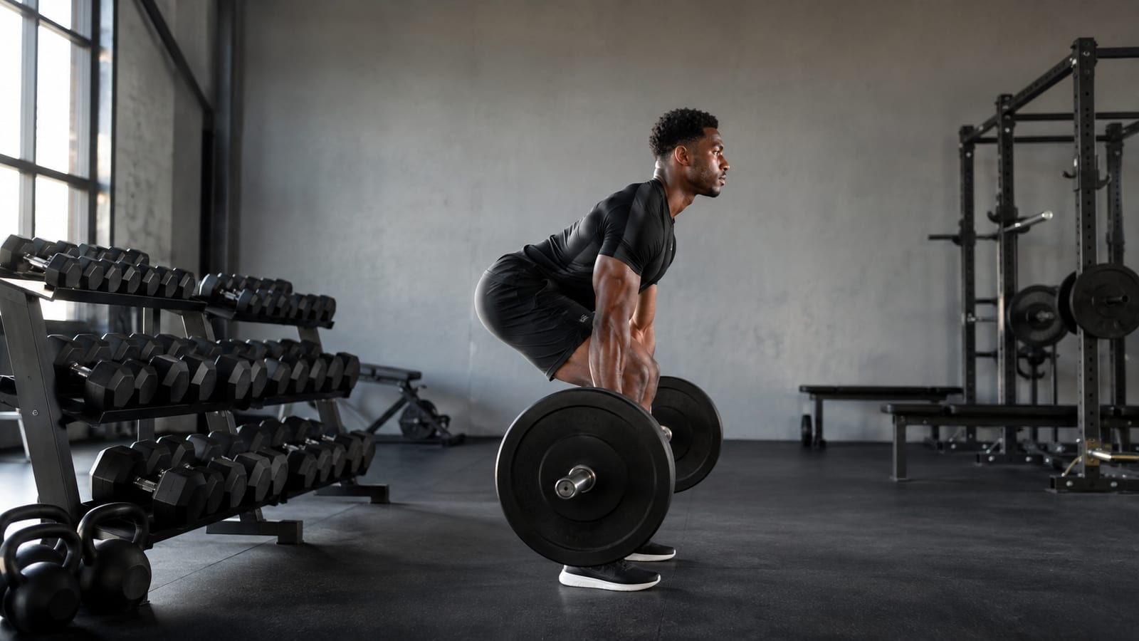 Athlete deadlifting loaded barbell beside dumbbells during progressive resistance training