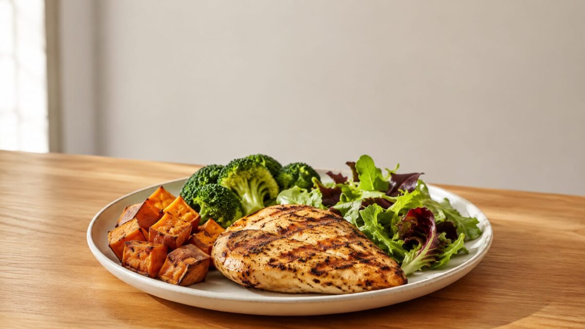 Large balanced dinner plate with chicken vegetables and sweet potato