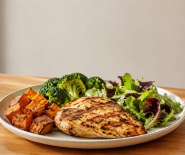 Large balanced dinner plate with chicken vegetables and sweet potato