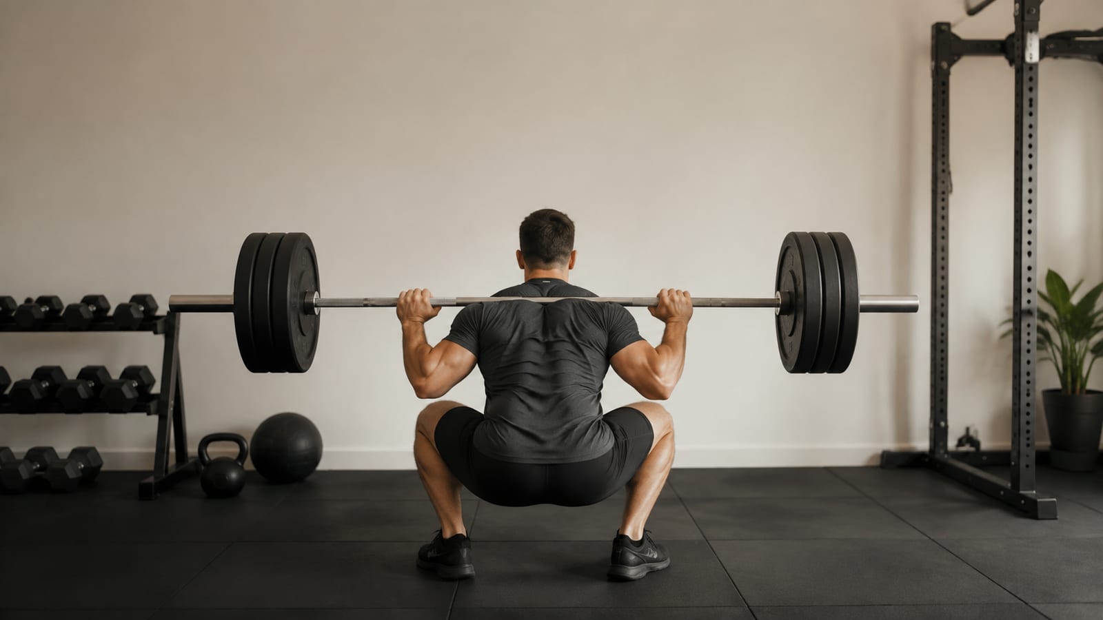 Lifter performing barbell squat in home gym for muscle retention