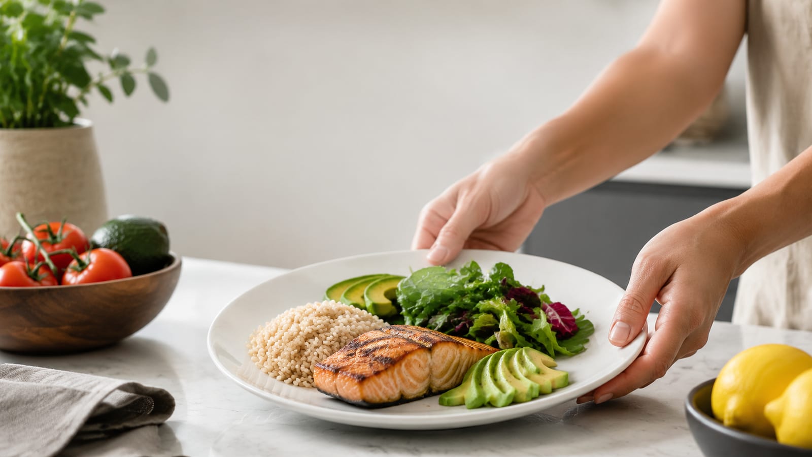 Hands plating grilled salmon rice avocado and greens for one meal