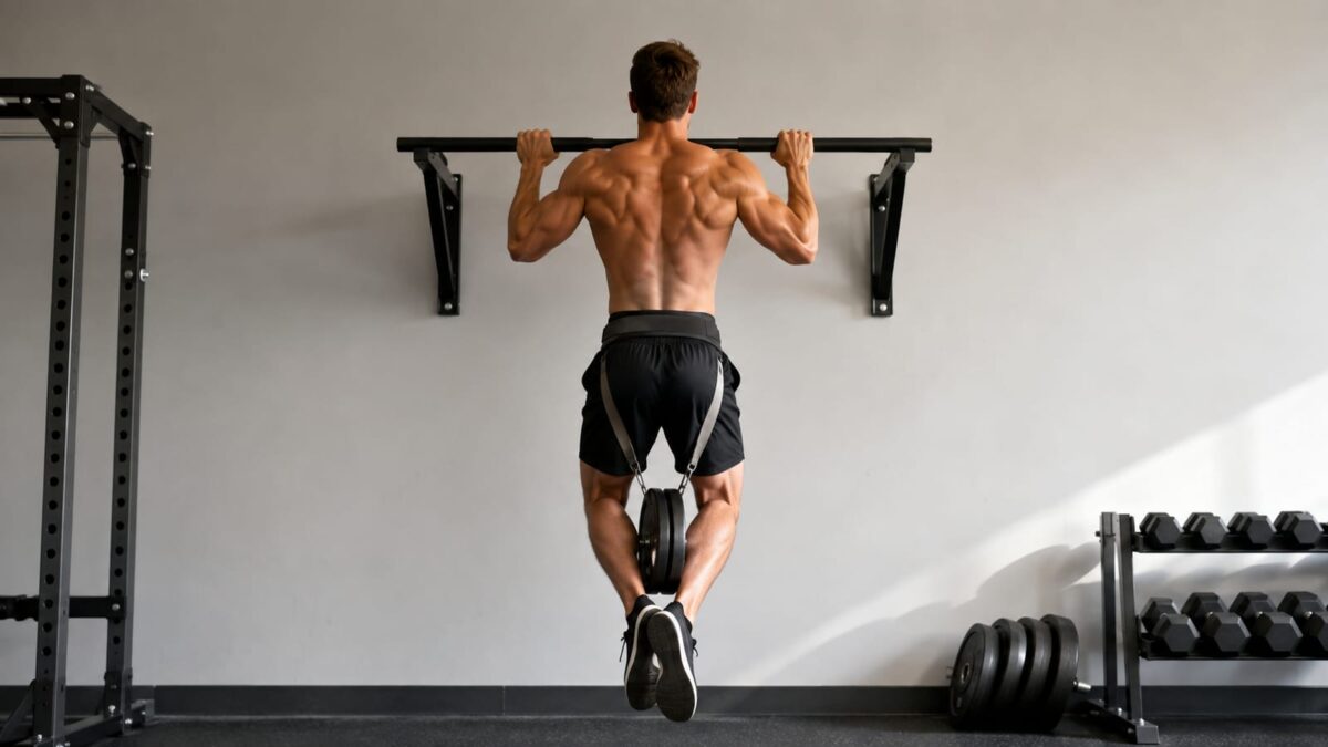 Athlete performing a controlled weighted pull-up with a dip belt in a minimalist gym
