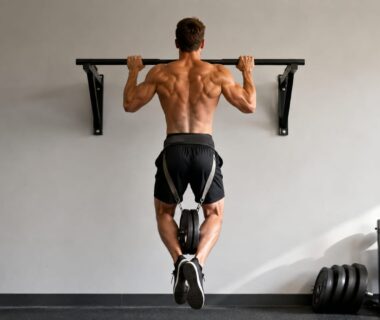 Athlete performing a controlled weighted pull-up with a dip belt in a minimalist gym