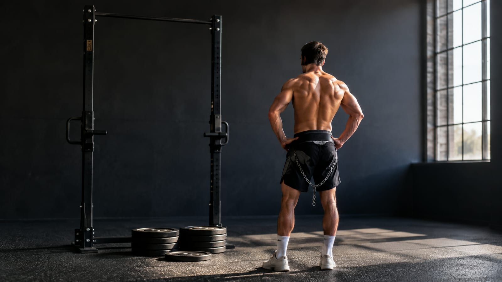 Strength athlete resting beside pull-up station with dip belt and weight plates ready nearby