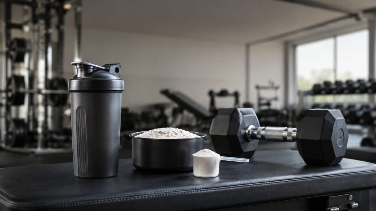 Unbranded shaker with creatine powder, scoop, and barbell beside it in a bright gym