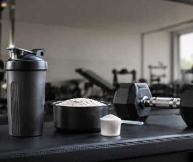 Unbranded shaker with creatine powder, scoop, and barbell beside it in a bright gym
