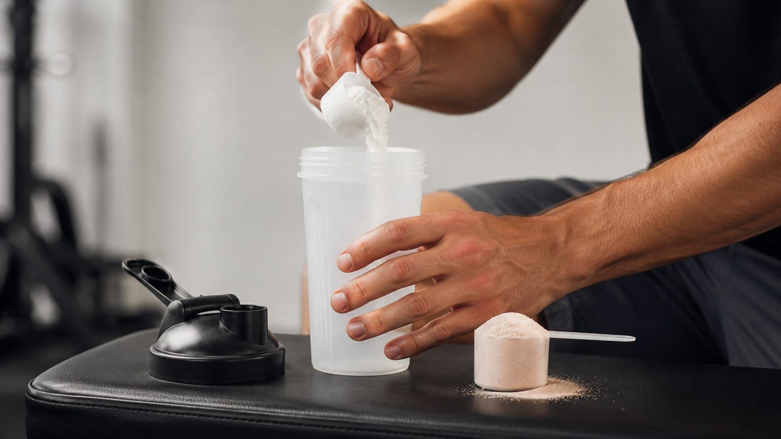 Hands combining creatine and pre-workout powder in an unbranded shaker before strength training